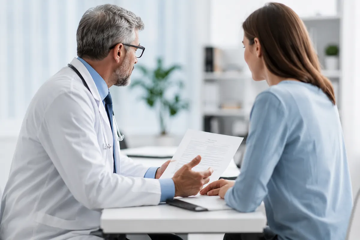 Médecin remettant une fiche ETP à sa patiente en consultation